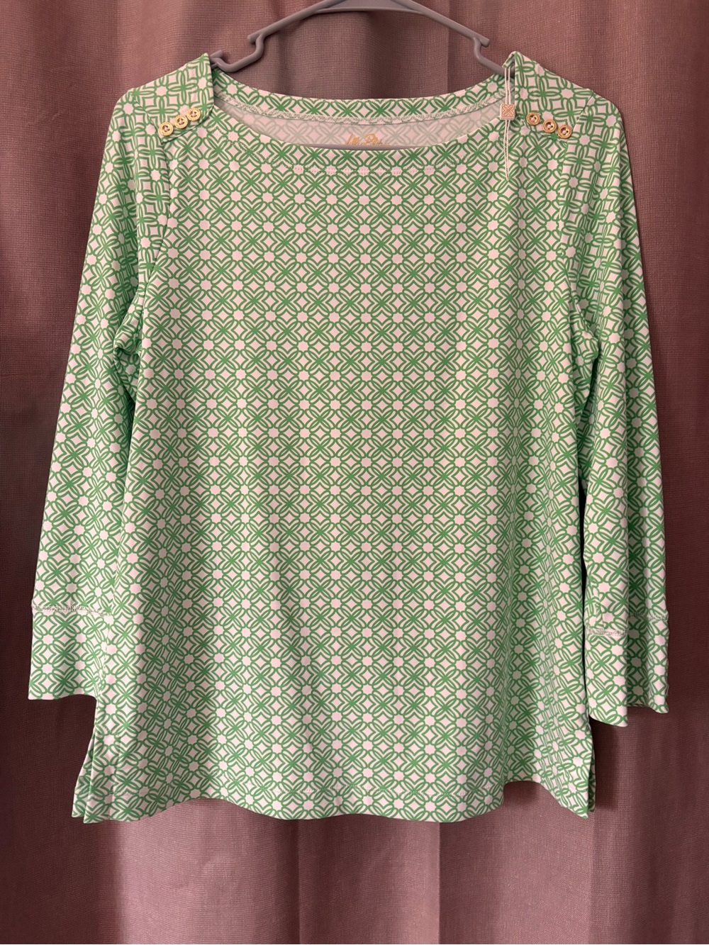 Lilly Pulitzer Chilly Lilly Green and White Geometric Boatneck Top